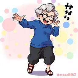 An illustration of Granny Seiko from the manga Dandadan, playfully twerking with a fun and vibrant expression, set against a colorful and lively background that enhances the cheerful atmosphere
