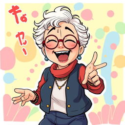 An illustration of Granny Seiko from the manga Dandadan, playfully twerking with a fun and vibrant expression, set against a colorful and lively background that enhances the cheerful atmosphere