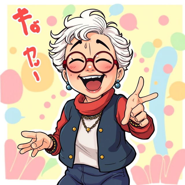 An illustration of Granny Seiko from the manga Dandadan, playfully twerking with a fun and vibrant expression, set against a colorful and lively background that enhances the cheerful atmosphere