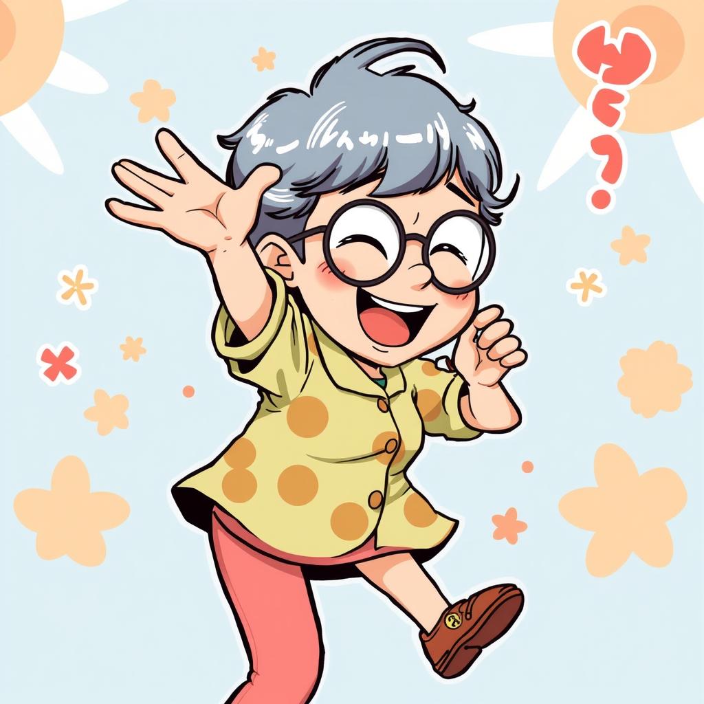 An illustration of Granny Seiko from the manga Dandadan, playfully twerking with a fun and vibrant expression, set against a colorful and lively background that enhances the cheerful atmosphere