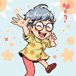 An illustration of Granny Seiko from the manga Dandadan, playfully twerking with a fun and vibrant expression, set against a colorful and lively background that enhances the cheerful atmosphere