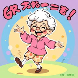 An illustration of Granny Seiko from the manga Dandadan, playfully twerking with a fun and vibrant expression, set against a colorful and lively background that enhances the cheerful atmosphere