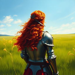 A female knight with long, curly red hair, facing away from the camera, standing in a full-body pose in a lush green field under a bright blue sky