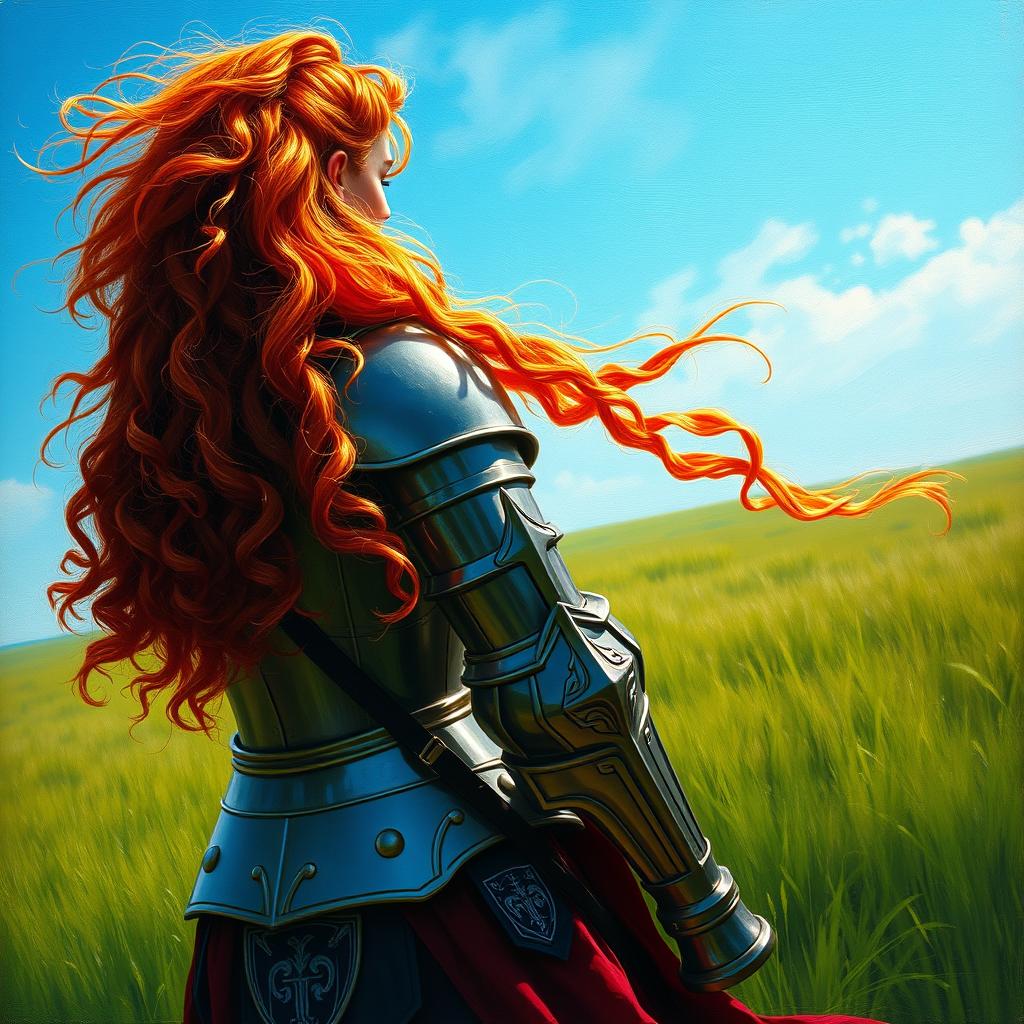 A female knight with long, curly red hair, facing away from the camera, standing in a full-body pose in a lush green field under a bright blue sky