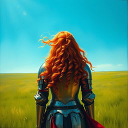 A female knight with long, curly red hair, facing away from the camera, standing in a full-body pose in a lush green field under a bright blue sky