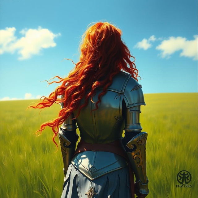 A female knight with long, curly red hair, facing away from the camera, standing in a full-body pose in a lush green field under a bright blue sky