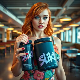 A close-up shot of a gorgeous female redhead from the chest up, wearing a colorful floral pattern sundress that accentuates her large chest and cleavage