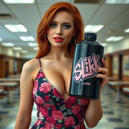 A close-up shot of a gorgeous female redhead in a floral pattern sundress, showcasing her large chest and noticeable cleavage
