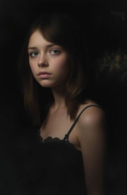 A realistic portrayal of a girl standing in the dark, her features softened by a slight blur, suggesting an ethereal and dreamlike quality