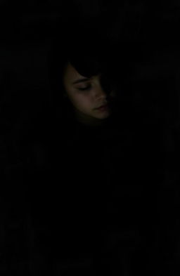 A realistic portrayal of a girl standing in the dark, her features softened by a slight blur, suggesting an ethereal and dreamlike quality