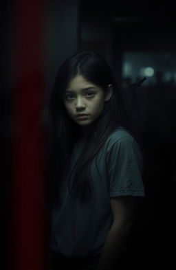 A realistic portrayal of a girl standing in the dark, her features softened by a slight blur, suggesting an ethereal and dreamlike quality