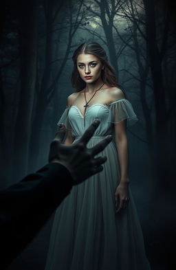A beautiful young woman standing at the edge of a dark, mysterious forest, her expression a mix of longing and conflict