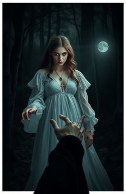 A beautiful young woman standing at the edge of a dark, mysterious forest, her expression a mix of longing and conflict