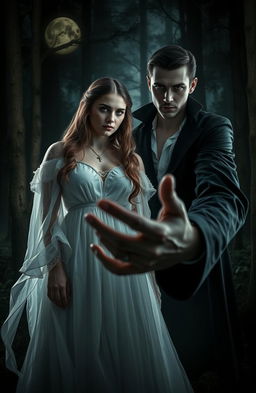 A beautiful young woman standing at the edge of a dark, mysterious forest, her expression a mix of longing and conflict