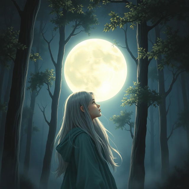 A realistic depiction of a teenage girl with long gray hair standing in a mystical forest under the enchanting light of a full moon