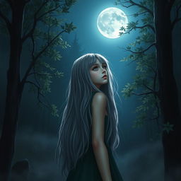 A realistic depiction of a teenage girl with long gray hair standing in a mystical forest under the enchanting light of a full moon
