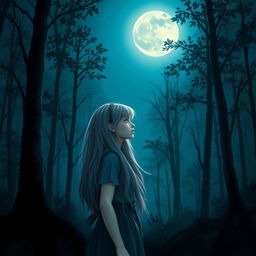 A realistic depiction of a teenage girl with long gray hair standing in a mystical forest under the enchanting light of a full moon