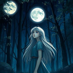 A realistic depiction of a teenage girl with long gray hair standing in a mystical forest under the enchanting light of a full moon