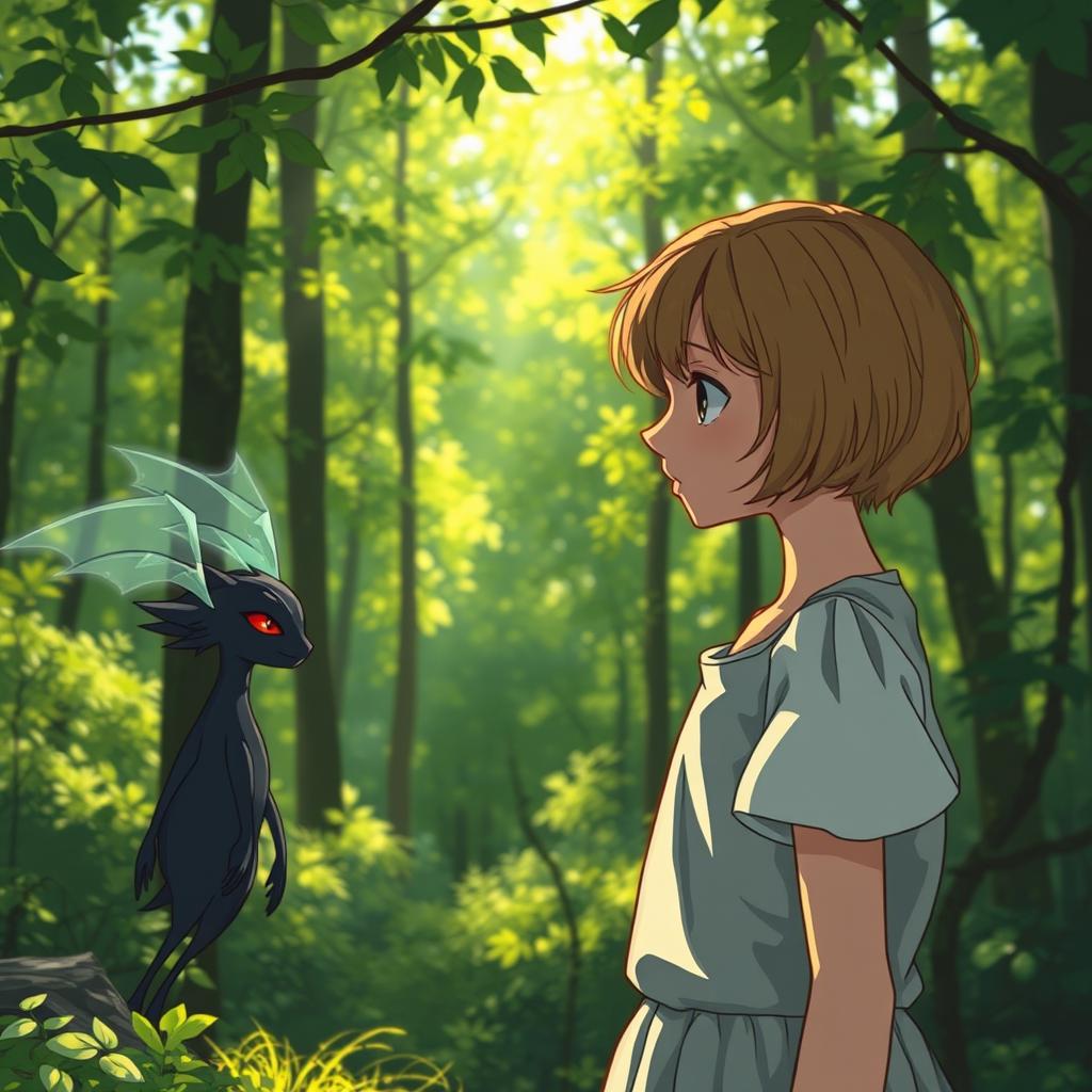 A scene in a sunlit forest where a girl with short, light brown hair is standing, looking thoughtfully at a charming vampiric creature