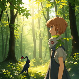 A scene in a sunlit forest where a girl with short, light brown hair is standing, looking thoughtfully at a charming vampiric creature