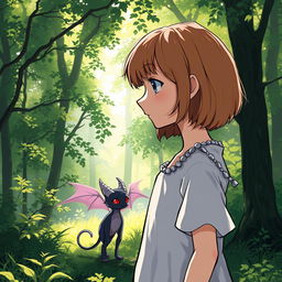 A scene in a sunlit forest where a girl with short, light brown hair is standing, looking thoughtfully at a charming vampiric creature