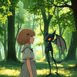 A scene in a sunlit forest where a girl with short, light brown hair is standing, looking thoughtfully at a charming vampiric creature