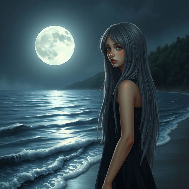 A realistic depiction of a sad teenage girl with long gray hair, standing by the shore of a moonlit sea while the serene waves gently lap at her feet