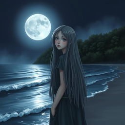 A realistic depiction of a sad teenage girl with long gray hair, standing by the shore of a moonlit sea while the serene waves gently lap at her feet