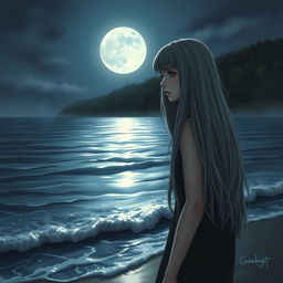 A realistic depiction of a sad teenage girl with long gray hair, standing by the shore of a moonlit sea while the serene waves gently lap at her feet