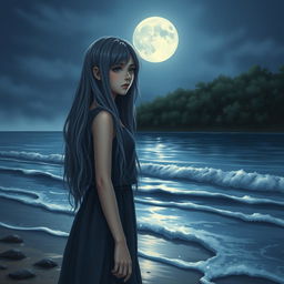 A realistic depiction of a sad teenage girl with long gray hair, standing by the shore of a moonlit sea while the serene waves gently lap at her feet