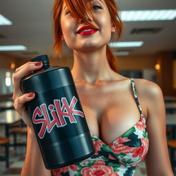 A close-up on a gorgeous female redhead, wearing a floral pattern sundress that highlights her large chest and cleavage