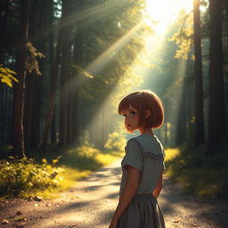 A scene in a sunny forest where a girl with short, light brown hair stands at a crossroads, looking hesitantly towards a charismatic vampire