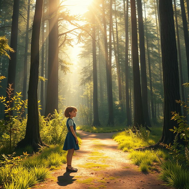 A scene in a sunny forest where a girl with short, light brown hair stands at a crossroads, looking hesitantly towards a charismatic vampire