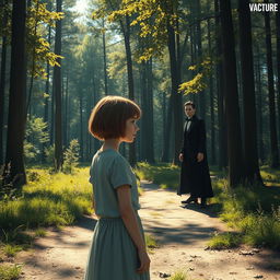 A scene in a sunny forest where a girl with short, light brown hair stands at a crossroads, looking hesitantly towards a charismatic vampire