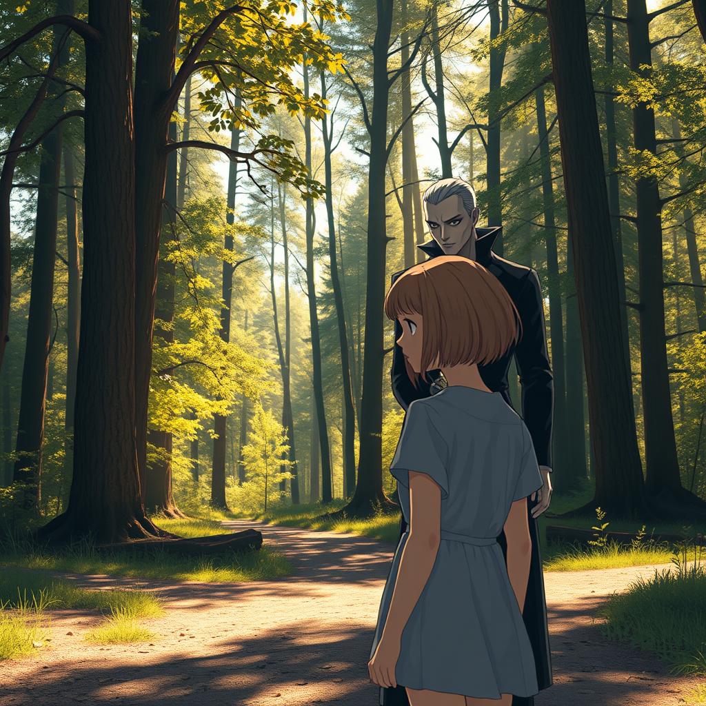 A scene in a sunny forest where a girl with short, light brown hair stands at a crossroads, looking hesitantly towards a charismatic vampire