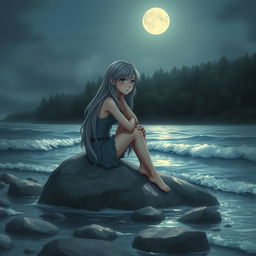 A realistic depiction of a sad teenage girl with long gray hair sitting on a gray rock by the shore of a moonlit sea