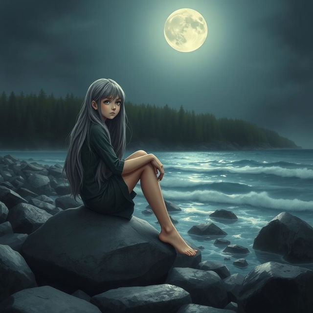 A realistic depiction of a sad teenage girl with long gray hair sitting on a gray rock by the shore of a moonlit sea