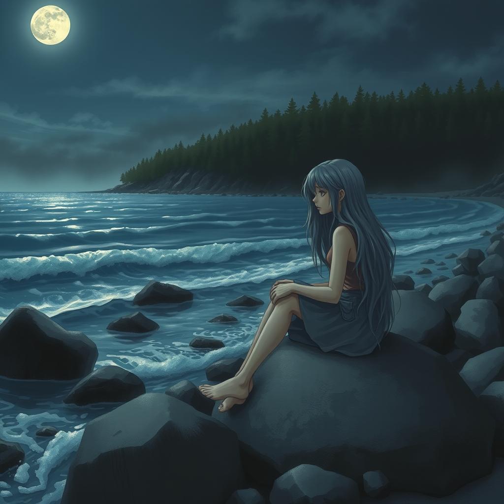 A realistic depiction of a sad teenage girl with long gray hair sitting on a gray rock by the shore of a moonlit sea