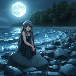A realistic depiction of a sad teenage girl with long gray hair sitting on a gray rock by the shore of a moonlit sea