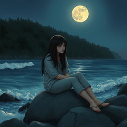 A realistic depiction of a sad teenage girl with long dark hair, sitting on a gray rock by the edge of the sea, illuminated by the soft light of a full moon