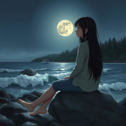 A realistic depiction of a sad teenage girl with long dark hair, sitting on a gray rock by the edge of the sea, illuminated by the soft light of a full moon
