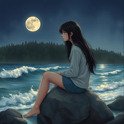 A realistic depiction of a sad teenage girl with long dark hair, sitting on a gray rock by the edge of the sea, illuminated by the soft light of a full moon