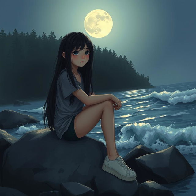 A realistic depiction of a sad teenage girl with long dark hair, sitting on a gray rock by the edge of the sea, illuminated by the soft light of a full moon