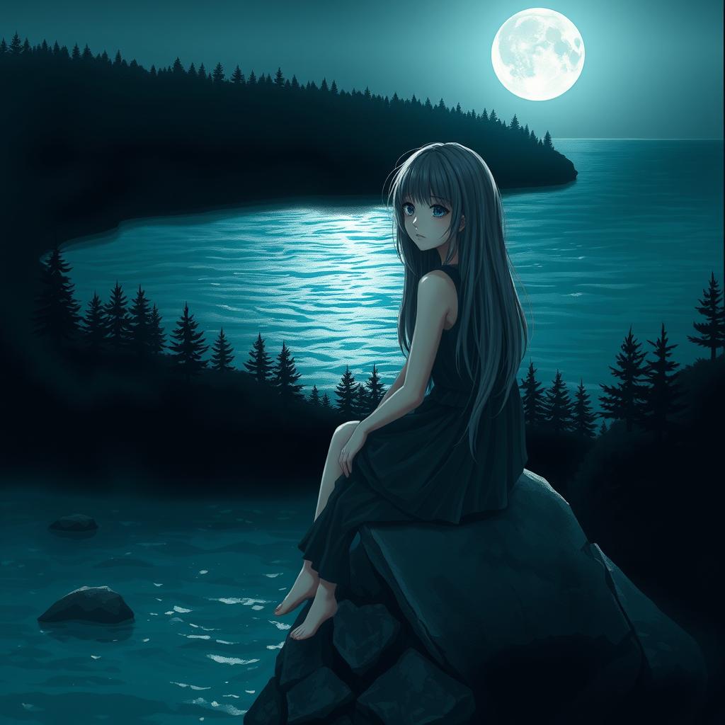 A realistic depiction of a sad teenage girl with long gray hair, sitting on a gray rock overlooking the moonlit sea