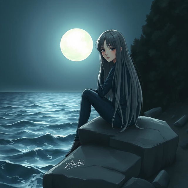 A realistic depiction of a sad teenage girl with long gray hair, sitting on a gray rock overlooking the moonlit sea