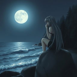 A realistic depiction of a sad teenage girl with long gray hair, sitting on a gray rock overlooking the moonlit sea