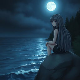 A realistic depiction of a sad teenage girl with long gray hair, sitting on a gray rock overlooking the moonlit sea
