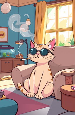 A whimsical illustration of a cartoonish cat sitting comfortably in a cozy, sunlit living room, casually smoking a cigarette in a playful and humorous manner