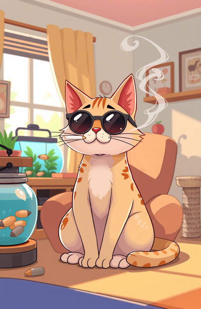 A whimsical illustration of a cartoonish cat sitting comfortably in a cozy, sunlit living room, casually smoking a cigarette in a playful and humorous manner