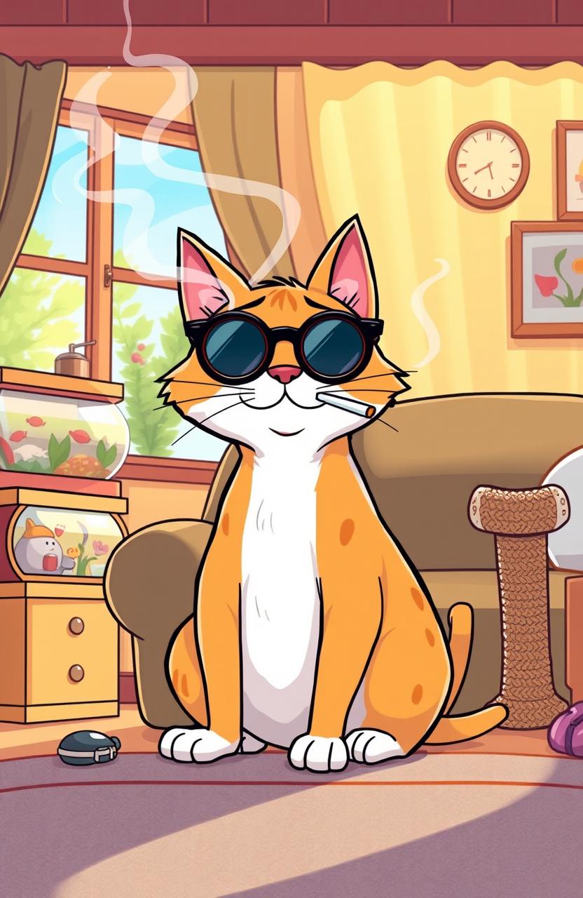 A whimsical illustration of a cartoonish cat sitting comfortably in a cozy, sunlit living room, casually smoking a cigarette in a playful and humorous manner